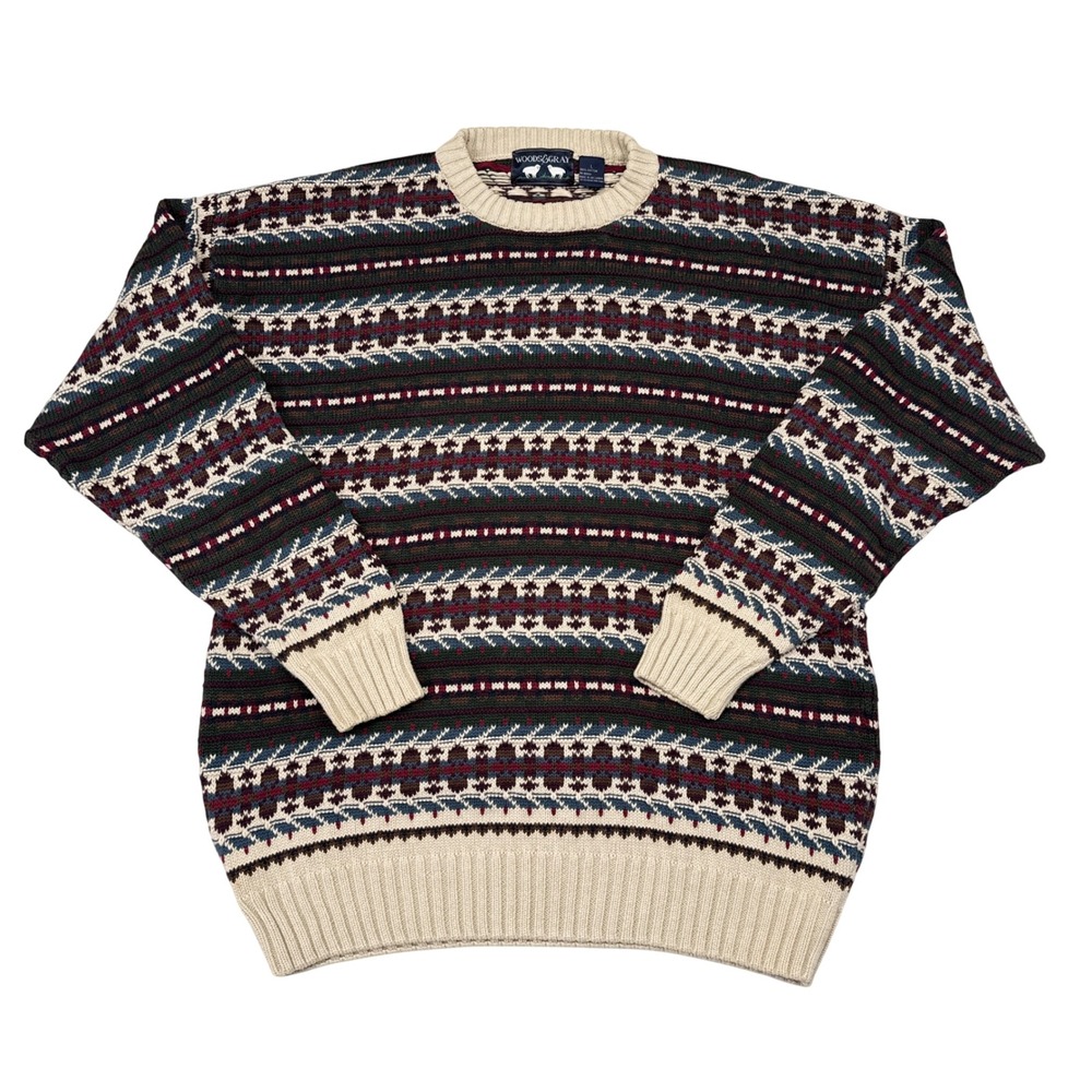 Vintage‎ Woods & Gray Sweater Mens Size Large Striped Crew Neck Fisherman Retro